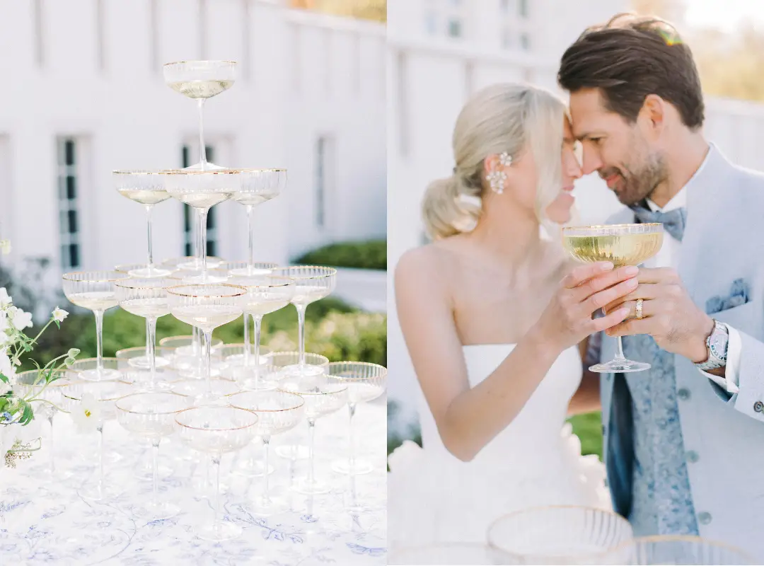 Champagnerpyramide beim Sektempfang auf einer Hochzeit
