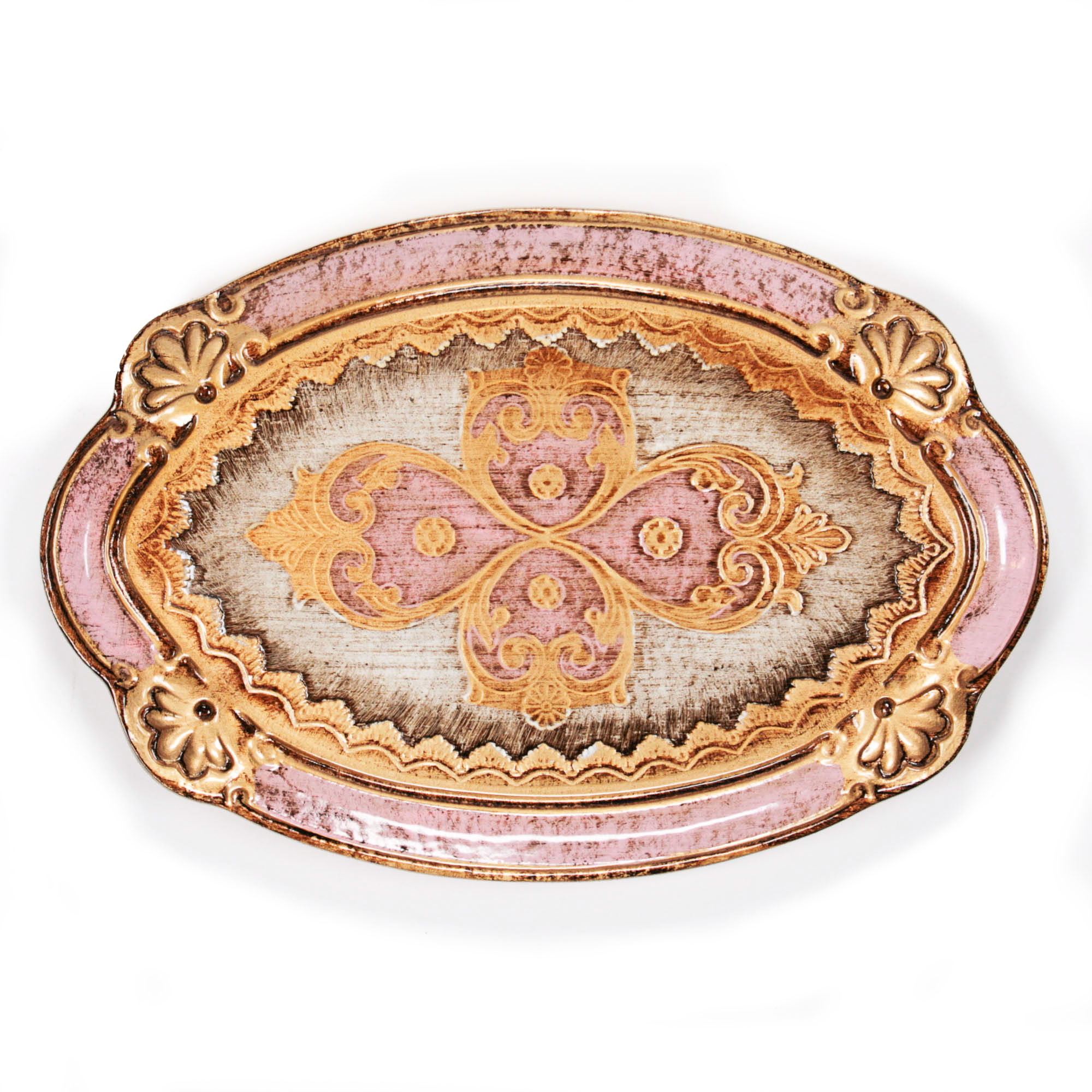 Kleines ovales Florentiner Tablett rosa/gold, 17 x 25,5 cm für Flatlay Styling